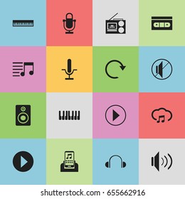 Set Of 16 Editable Music Icons. Includes Symbols Such As Playlist, Media Device, Cassette Player And More. Can Be Used For Web, Mobile, UI And Infographic Design.