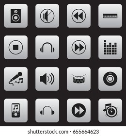 Set Of 16 Editable Music Icons. Includes Symbols Such As Earflaps, Volume Speaker, Break Music And More. Can Be Used For Web, Mobile, UI And Infographic Design.