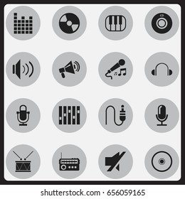 Set Of 16 Editable Music Icons. Includes Symbols Such As Broadcasting, Media Interview, Compact Disk And More. Can Be Used For Web, Mobile, UI And Infographic Design.