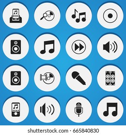 Set Of 16 Editable Music Icons. Includes Symbols Such As Musical Symbol, Rec, Studio Mic And More. Can Be Used For Web, Mobile, UI And Infographic Design.