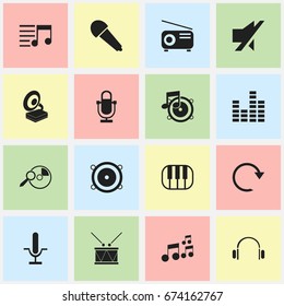 Set Of 16 Editable Music Icons. Includes Symbols Such As Phonograph, Bass Speakers, Melody Seeking And More. Can Be Used For Web, Mobile, UI And Infographic Design.