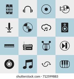 Set Of 16 Editable Music Icons. Includes Symbols Such As Audio Bass, Broadcasting, Rec And More. Can Be Used For Web, Mobile, UI And Infographic Design.