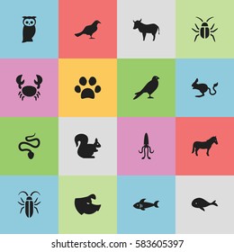 Set Of 16 Editable Nature Icons. Includes Symbols Such As Lobster, Sow, Jerboa And More. Can Be Used For Web, Mobile, UI And Infographic Design.