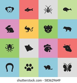 Set Of 16 Editable Nature Icons. Includes Symbols Such As Tiger, Shark, Grizzly And More. Can Be Used For Web, Mobile, UI And Infographic Design.