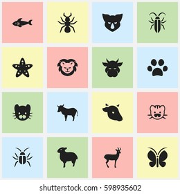Set Of 16 Editable Nature Icons. Includes Symbols Such As Cockroach, Feline, Cow And More. Can Be Used For Web, Mobile, UI And Infographic Design.