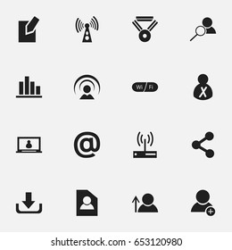 Set Of 16 Editable Network Icons. Includes Symbols Such As Edit File, Modem, Document And More. Can Be Used For Web, Mobile, UI And Infographic Design.