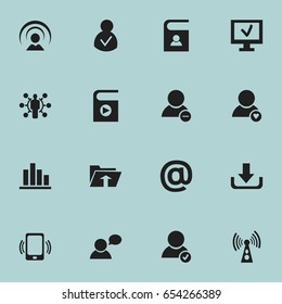 Set Of 16 Editable Network Icons. Includes Symbols Such As Wireless Transmission, Song List, Smartphone And More. Can Be Used For Web, Mobile, UI And Infographic Design.