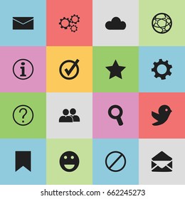 Set Of 16 Editable Network Icons. Includes Symbols Such As Bookmark, Quiz, Magnifier And More. Can Be Used For Web, Mobile, UI And Infographic Design.