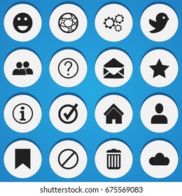 Set Of 16 Editable Network Icons. Includes Symbols Such As Dove, Emoji, Quiz And More. Can Be Used For Web, Mobile, UI And Infographic Design.