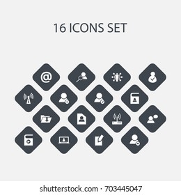 Set Of 16 Editable Network Icons. Includes Symbols Such As Account, New Friend, Modem And More. Can Be Used For Web, Mobile, UI And Infographic Design.