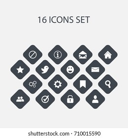 Set Of 16 Editable Network Icons. Includes Symbols Such As Mail, Bookmark, Tag And More. Can Be Used For Web, Mobile, UI And Infographic Design.