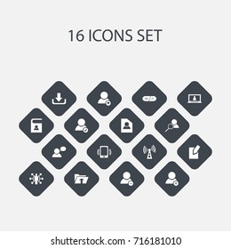 Set Of 16 Editable Network Icons. Includes Symbols Such As Smartphone, Wireless Transmission, Transfer And More. Can Be Used For Web, Mobile, UI And Infographic Design.