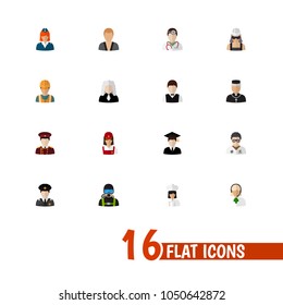 Set of 16 editable occupation icons flat style. Includes symbols such as porter, doctor, cook and more. Can be used for web, mobile, UI and infographic design.