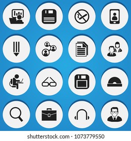 Set of 16 editable office icons. Includes symbols such as man with laptop, blank, phone and more. Can be used for web, mobile, UI and infographic design.