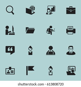 Set Of 16 Editable Office Icons. Includes Symbols Such As Workman In Laptop, Printing Machine, Comment And More. Can Be Used For Web, Mobile, UI And Infographic Design.