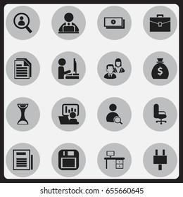 Set Of 16 Editable Office Icons. Includes Symbols Such As Magnifier, Workman In Laptop, Dollar And More. Can Be Used For Web, Mobile, UI And Infographic Design.