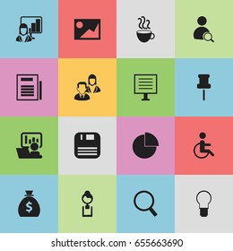 Set Of 16 Editable Office Icons. Includes Symbols Such As Cup Of Tea, Circle Diagram, Loupe And More. Can Be Used For Web, Mobile, UI And Infographic Design.