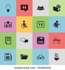 Set Of 16 Editable Office Icons. Includes Symbols Such As Office Desk, Light, Comment And More. Can Be Used For Web, Mobile, UI And Infographic Design.
