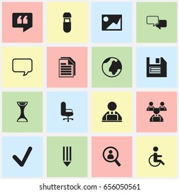 Set Of 16 Editable Office Icons. Includes Symbols Such As Usb, Magnifier, Handicapped. Can Be Used For Web, Mobile, UI And Infographic Design.