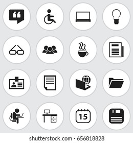 Set Of 16 Editable Office Icons. Includes Symbols Such As Globe , Dossier, Handicapped. Can Be Used For Web, Mobile, UI And Infographic Design.
