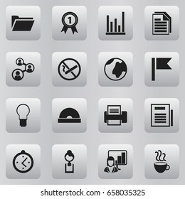 Set Of 16 Editable Office Icons. Includes Symbols Such As Businesswoman, Sheets, Badge And More. Can Be Used For Web, Mobile, UI And Infographic Design.