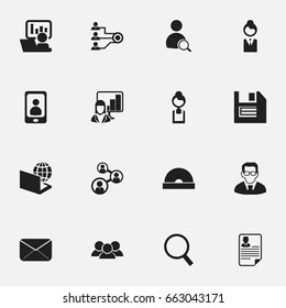 Set Of 16 Editable Office Icons. Includes Symbols Such As Epistle, Search, Publicity And More. Can Be Used For Web, Mobile, UI And Infographic Design.