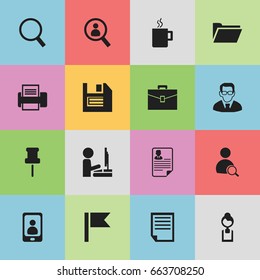 Set Of 16 Editable Office Icons. Includes Symbols Such As Dossier, Professor, Portfolio And More. Can Be Used For Web, Mobile, UI And Infographic Design.