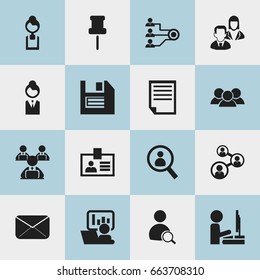 Set Of 16 Editable Office Icons. Includes Symbols Such As Floppy, Businesswoman, Search And More. Can Be Used For Web, Mobile, UI And Infographic Design.
