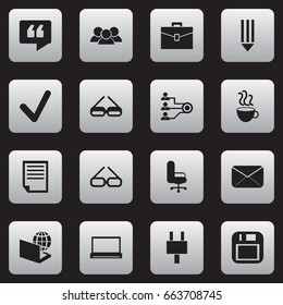 Set Of 16 Editable Office Icons. Includes Symbols Such As Control, Portfolio, Floppy Disk And More. Can Be Used For Web, Mobile, UI And Infographic Design.
