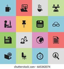 Set Of 16 Editable Office Icons. Includes Symbols Such As Globe, Cup Of Tea, Floppy And More. Can Be Used For Web, Mobile, UI And Infographic Design.