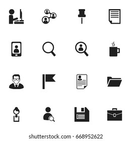 Set Of 16 Editable Office Icons. Includes Symbols Such As Loupe, Pennant, Marker And More. Can Be Used For Web, Mobile, UI And Infographic Design.