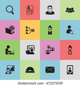 Set Of 16 Editable Office Icons. Includes Symbols Such As Worker In Laptop, Compact Disk, Group And More. Can Be Used For Web, Mobile, UI And Infographic Design.