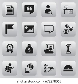 Set Of 16 Editable Office Icons. Includes Symbols Such As Comment, Publicity, Badge And More. Can Be Used For Web, Mobile, UI And Infographic Design.