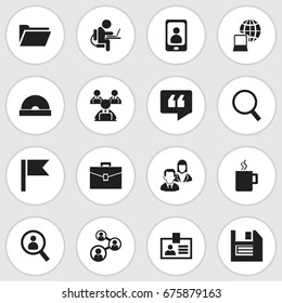 Set Of 16 Editable Office Icons. Includes Symbols Such As Worker With Laptop, Telephone, World And More. Can Be Used For Web, Mobile, UI And Infographic Design.