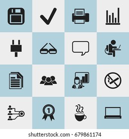 Set Of 16 Editable Office Icons. Includes Symbols Such As Eyeglasses, Badge, Unity And More. Can Be Used For Web, Mobile, UI And Infographic Design.