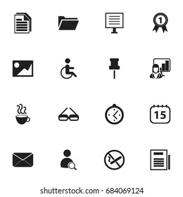 Set Of 16 Editable Office Icons. Includes Symbols Such As Search, Eyeglasses, Watch And More. Can Be Used For Web, Mobile, UI And Infographic Design.