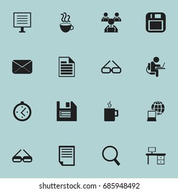 Set Of 16 Editable Office Icons. Includes Symbols Such As Eyeglasses, Loupe, Office Desk And More. Can Be Used For Web, Mobile, UI And Infographic Design.