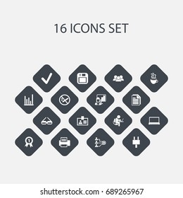Set Of 16 Editable Office Icons. Includes Symbols Such As Authentication, Unity, Eyeglasses And More. Can Be Used For Web, Mobile, UI And Infographic Design.