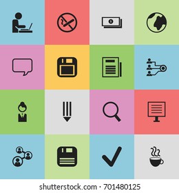 Set Of 16 Editable Office Icons. Includes Symbols Such As Worker In Laptop, Unity, Staff And More. Can Be Used For Web, Mobile, UI And Infographic Design.