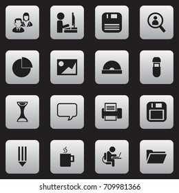 Set Of 16 Editable Office Icons. Includes Symbols Such As Diskette, Dossier, Work At The Computer And More. Can Be Used For Web, Mobile, UI And Infographic Design.