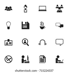 Set Of 16 Editable Office Icons. Includes Symbols Such As Light, Earphone, Smoking Forbidden And More. Can Be Used For Web, Mobile, UI And Infographic Design.