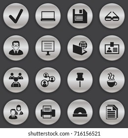 Set Of 16 Editable Office Icons. Includes Symbols Such As Compact Disk, Floppy, Printing Machine And More. Can Be Used For Web, Mobile, UI And Infographic Design.