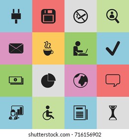 Set Of 16 Editable Office Icons. Includes Symbols Such As Floppy Disk, Presentation, Epistle And More. Can Be Used For Web, Mobile, UI And Infographic Design.