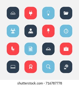 Set Of 16 Editable Office Icons. Includes Symbols Such As Work Seat, Workman In Laptop, Light And More. Can Be Used For Web, Mobile, UI And Infographic Design.