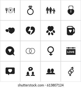 Set Of 16 Editable Passion Icons. Includes Symbols Such As Lineage, Locked Heart, Matrimony And More. Can Be Used For Web, Mobile, UI And Infographic Design.