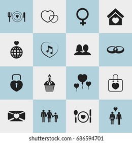 Set Of 16 Editable Passion Icons. Includes Symbols Such As Cutlery, Family, Wedlock And More. Can Be Used For Web, Mobile, UI And Infographic Design.
