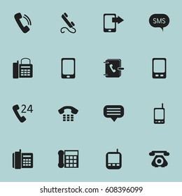 Set Of 16 Editable Phone Icons. Includes Symbols Such As Talking, Radio Talkie, Mobile And More. Can Be Used For Web, Mobile, UI And Infographic Design.