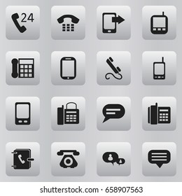 Set Of 16 Editable Phone Icons. Includes Symbols Such As Call, 24 Hour Servicing, Tablet And More. Can Be Used For Web, Mobile, UI And Infographic Design.