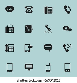 Set Of 16 Editable Phone Icons. Includes Symbols Such As Forum, Address Notebook, Smartphone And More. Can Be Used For Web, Mobile, UI And Infographic Design.