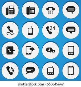 Set Of 16 Editable Phone Icons. Includes Symbols Such As Forum, Mobile, Transceiver And More. Can Be Used For Web, Mobile, UI And Infographic Design.